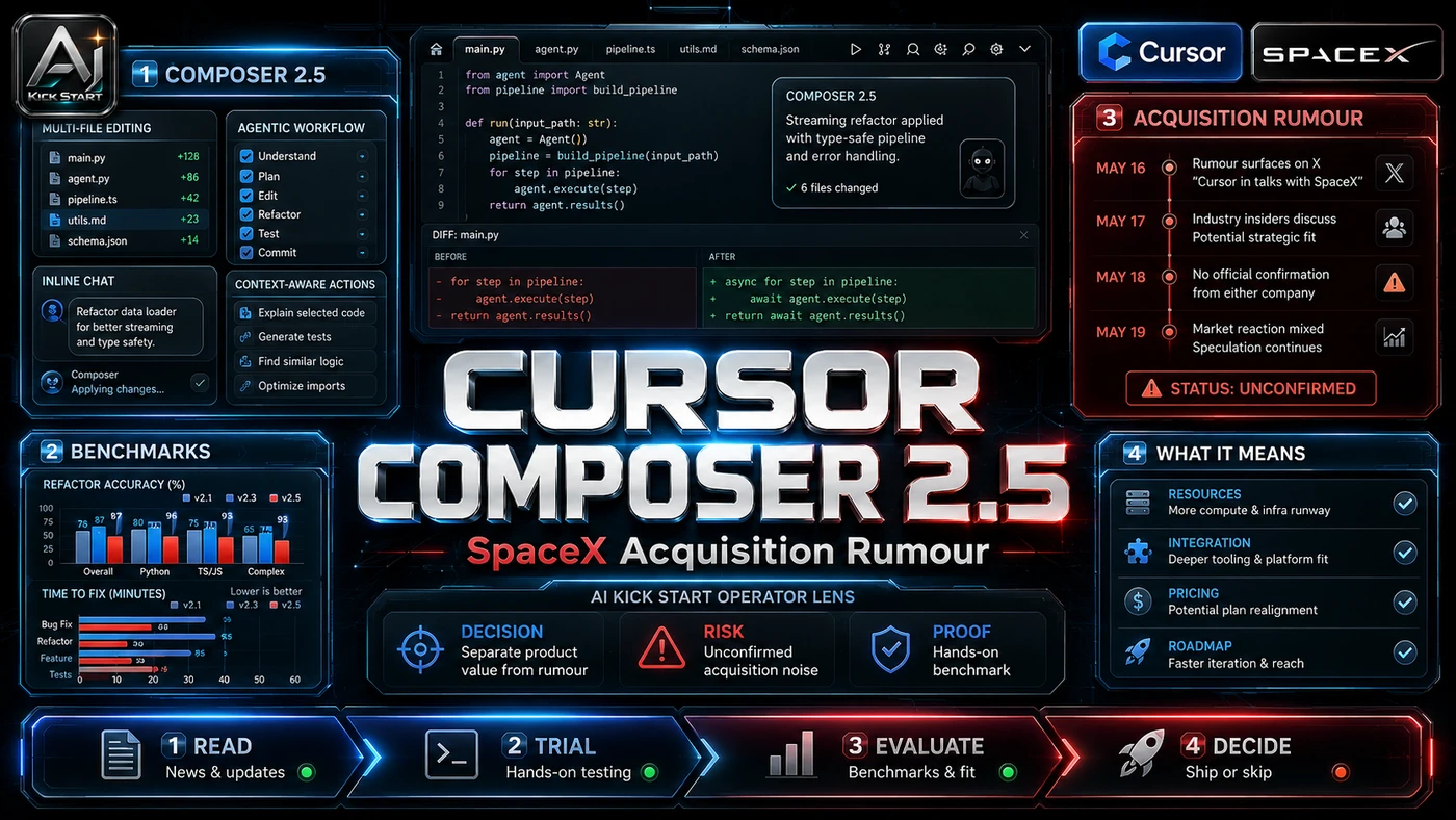 AI Kick Start editorial image for Cursor Composer 2.5 and the SpaceX Acquisition: What Australian Teams Should Actually Test.