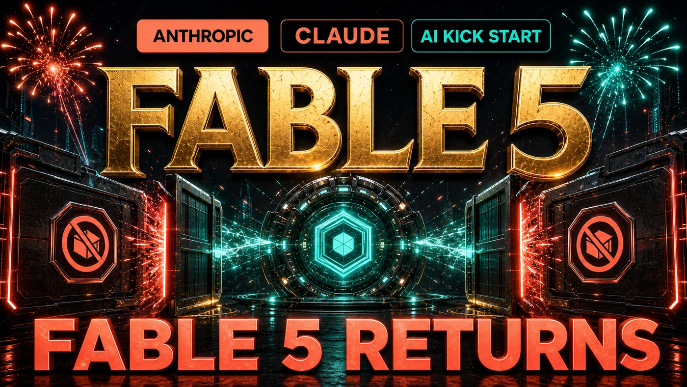 AI Kick Start editorial cover for Claude Fable 5 returning, with large FABLE 5 wordmark, Claude and Anthropic logo badges, fireworks, and an AI systems control room.