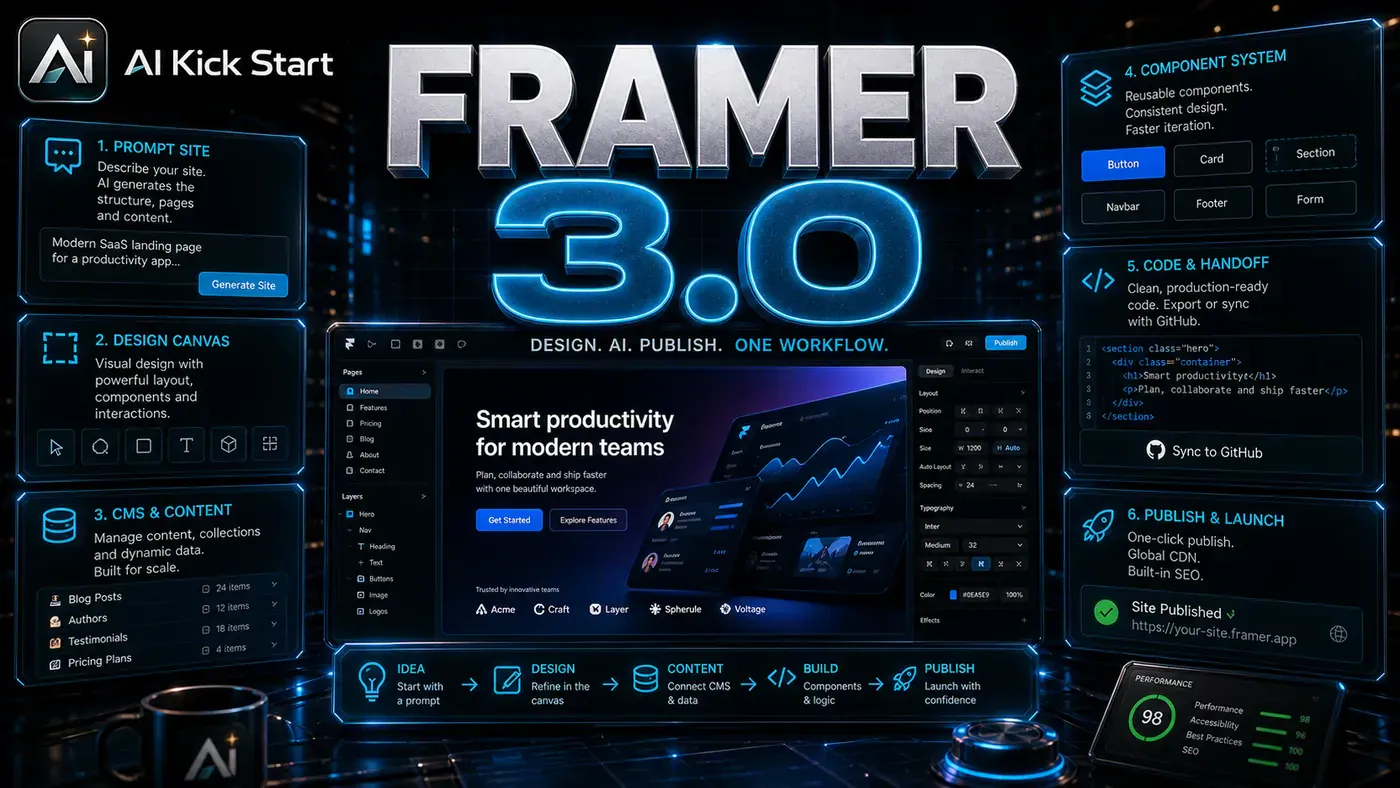 AI Kick Start editorial image for Framer 3.0 Makes Website Design Feel More Like an AI Product Workflow.