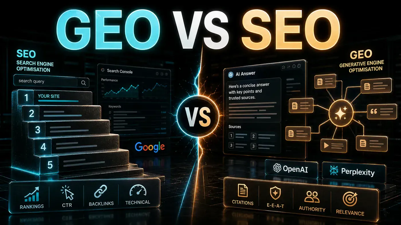 Light AI Kick Start editorial image comparing GEO and SEO with AI answer citations, search ranking lanes, and measurement signals.