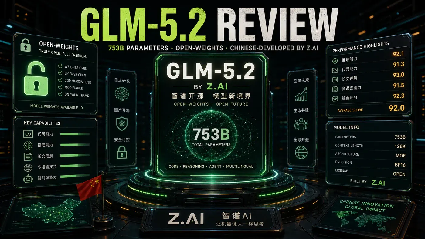 AI Kick Start editorial image for GLM-5.2 review: 753B parameters, open-weights, Chinese-developed.