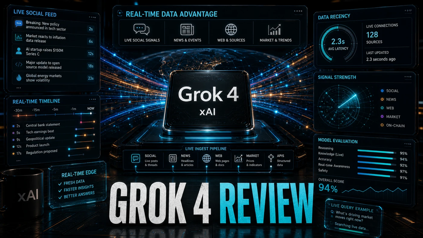 AI Kick Start editorial image for Grok 4 review: xAI's real-time data advantage.