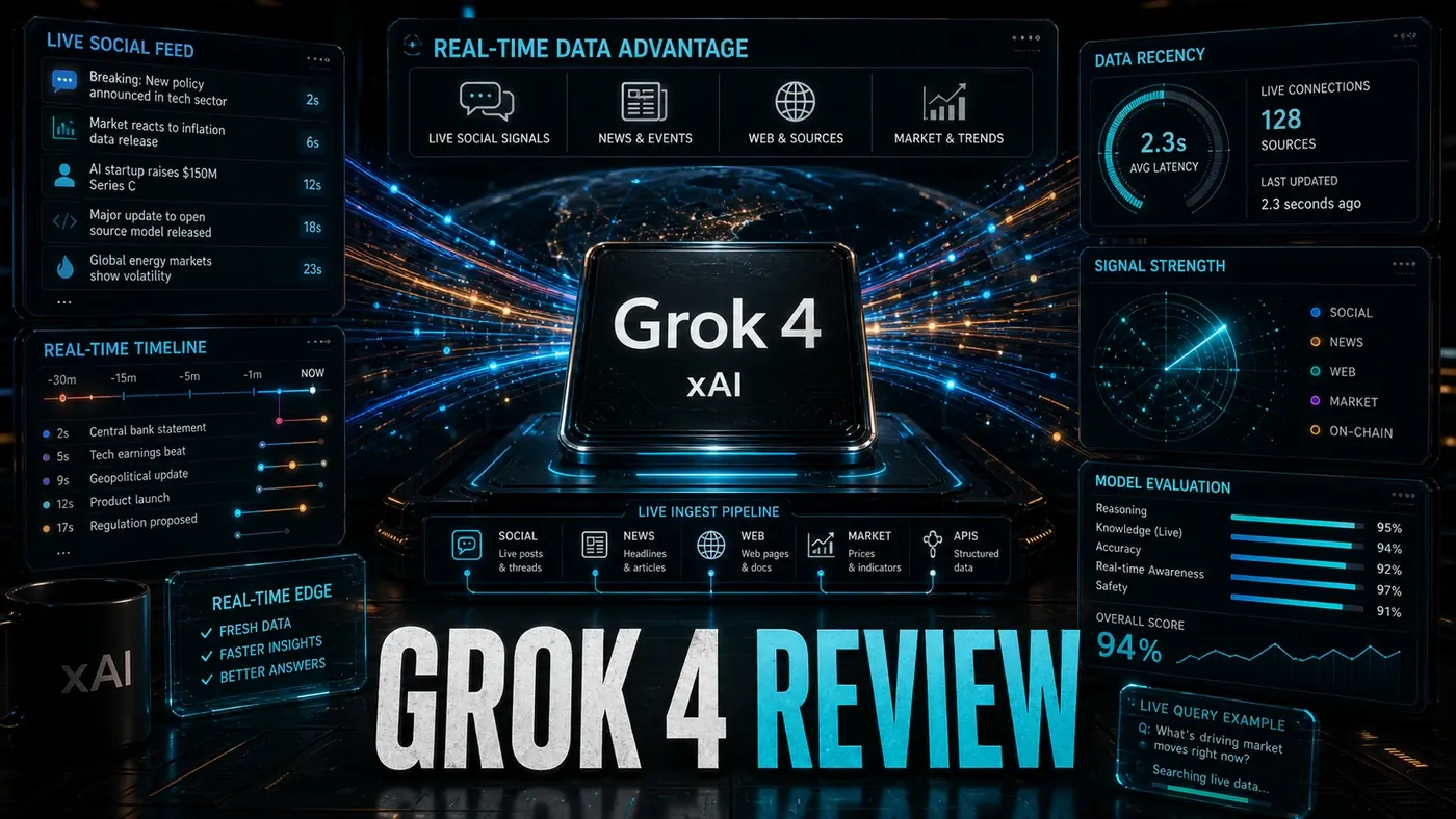 AI Kick Start editorial image for Grok 4 review: xAI's real-time data advantage.