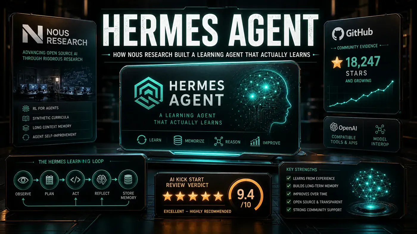 AI Kick Start editorial image for Hermes Agent: How Nous Research Built a Learning Agent That Actually Learns.