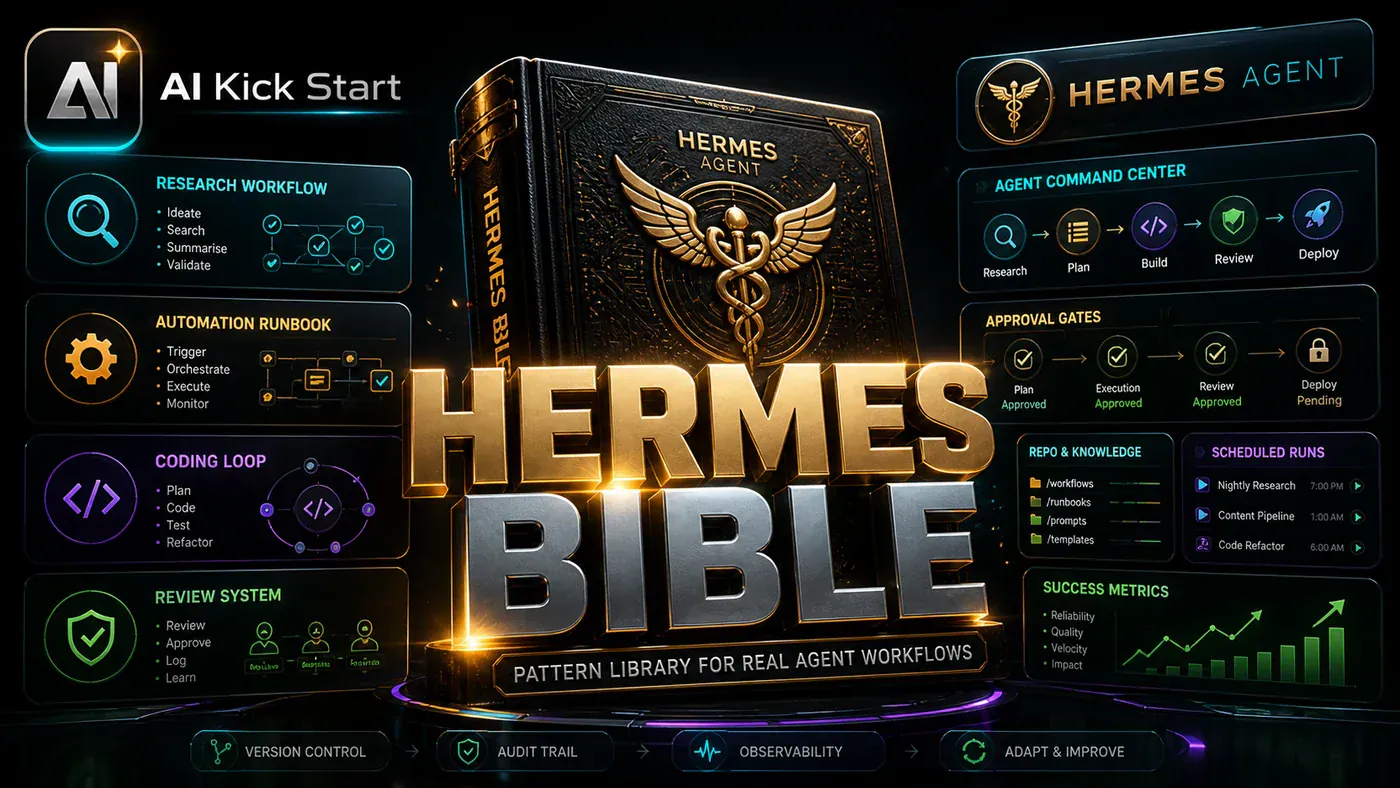 AI Kick Start editorial image for The Hermes Bible Is a Pattern Library for Real Agent Workflows.
