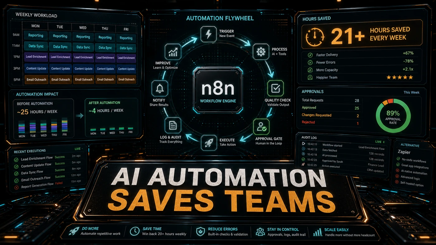 Light AI Kick Start editorial image showing connected automation loops, approval checkpoints, and time-saving workflow metrics.