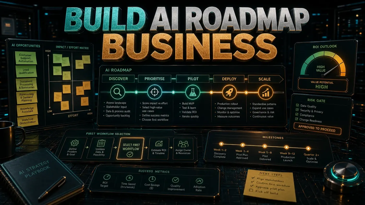 Light AI Kick Start editorial image showing an AI roadmap board with workflow stages, priority signals, and governance checkpoints.