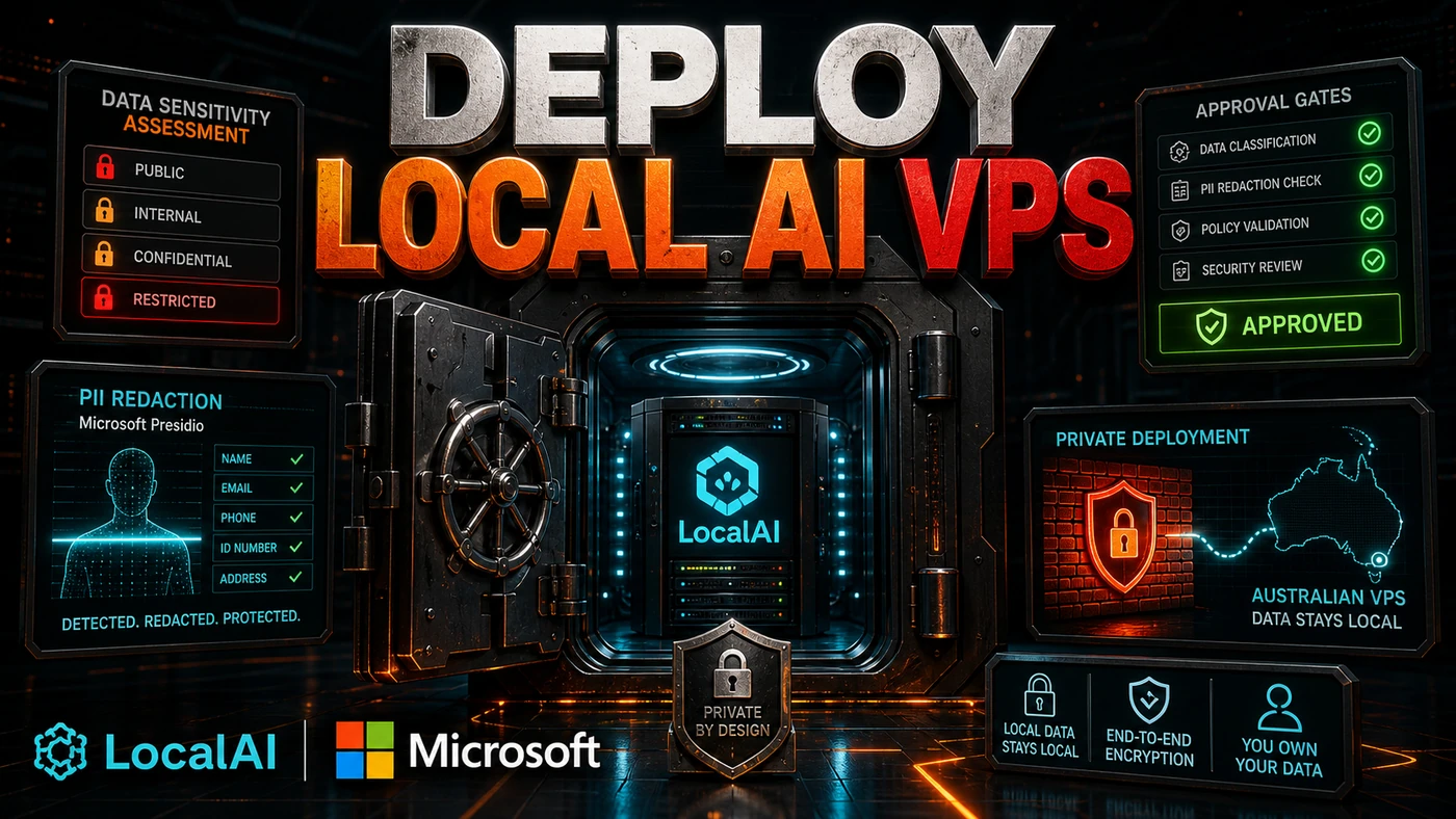 Light AI Kick Start editorial image showing local AI running on a VPS with private server rack, PII redaction, monitoring, and approval gates.