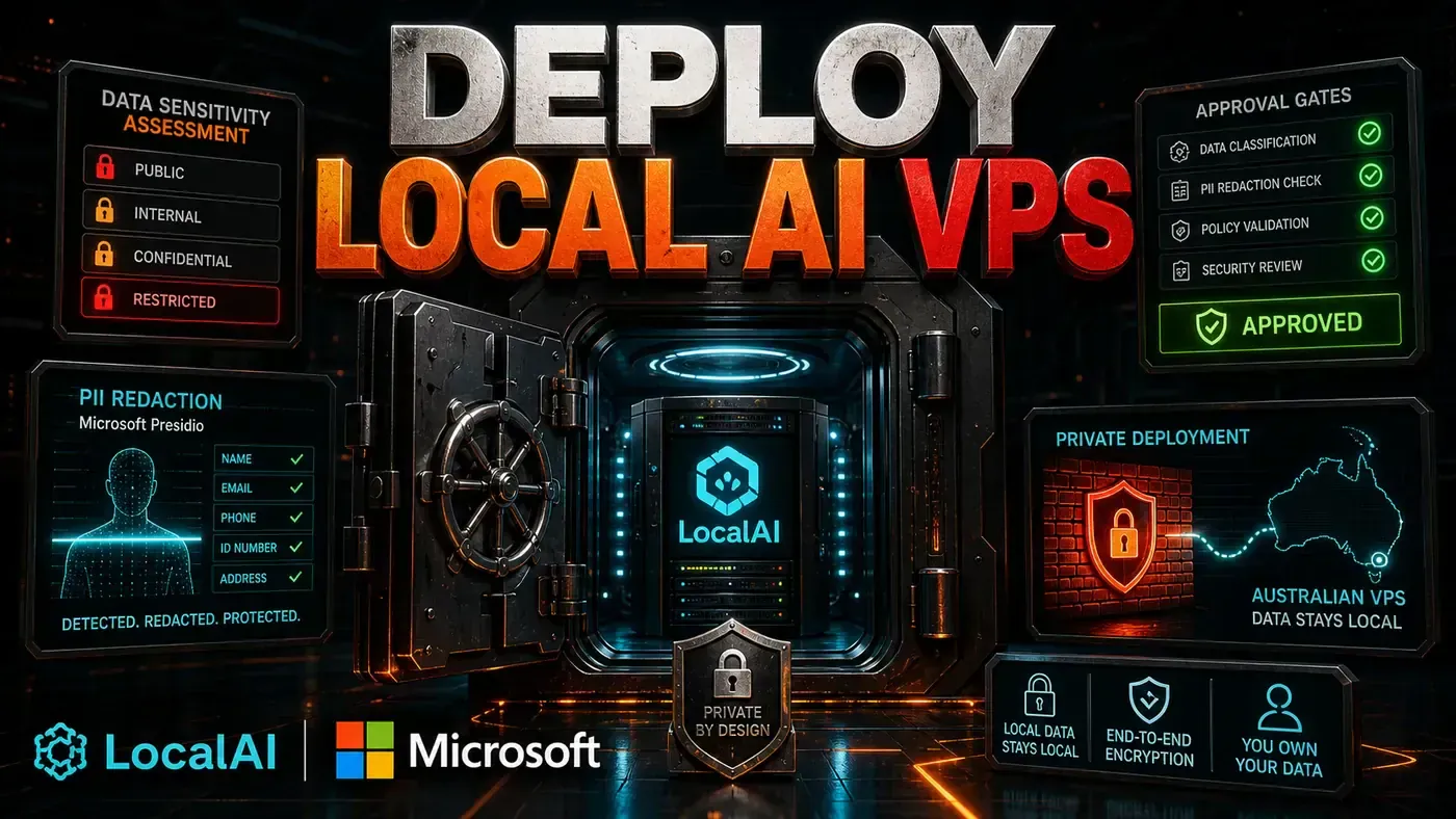 Light AI Kick Start editorial image showing local AI running on a VPS with private server rack, PII redaction, monitoring, and approval gates.