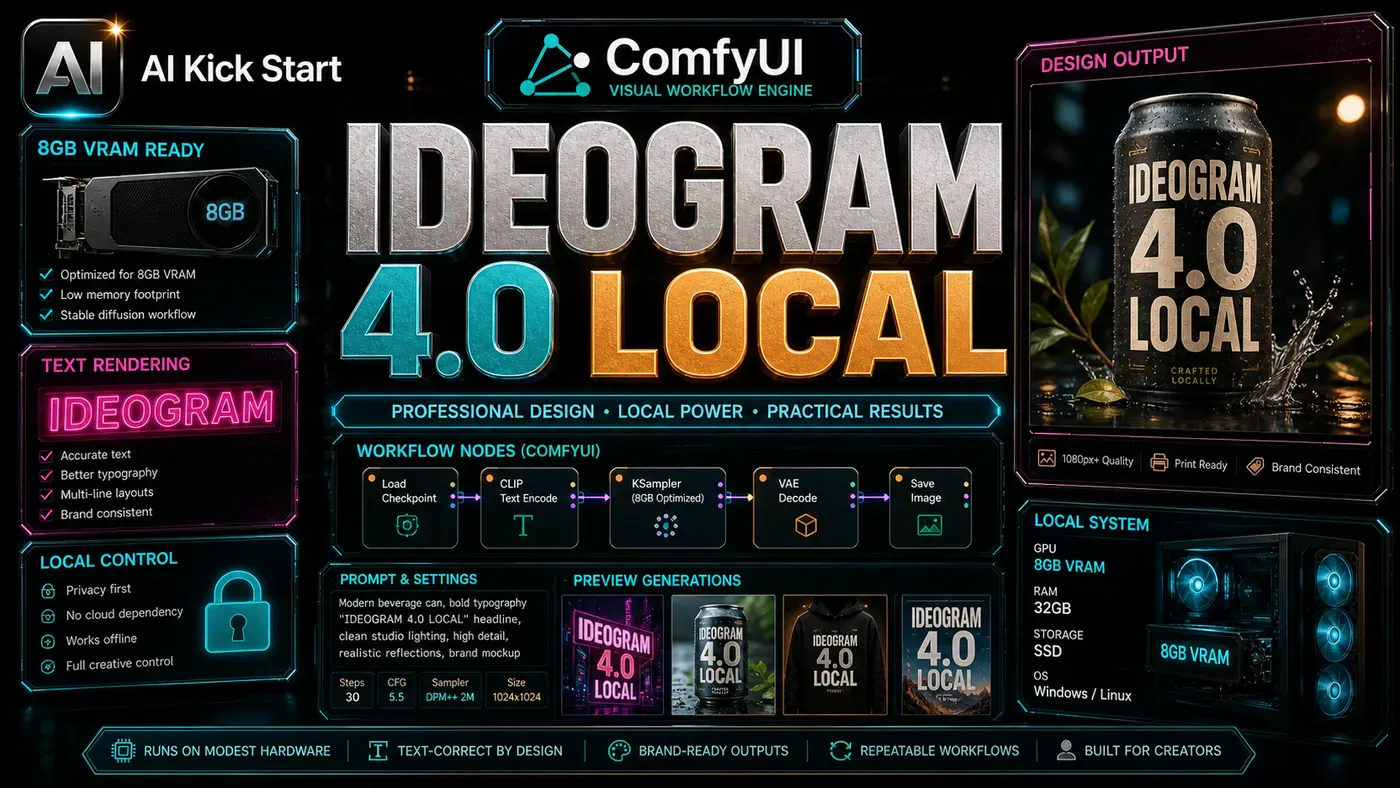 AI Kick Start editorial image for Ideogram 4.0 on 8GB VRAM Makes Local Design Generation More Practical.
