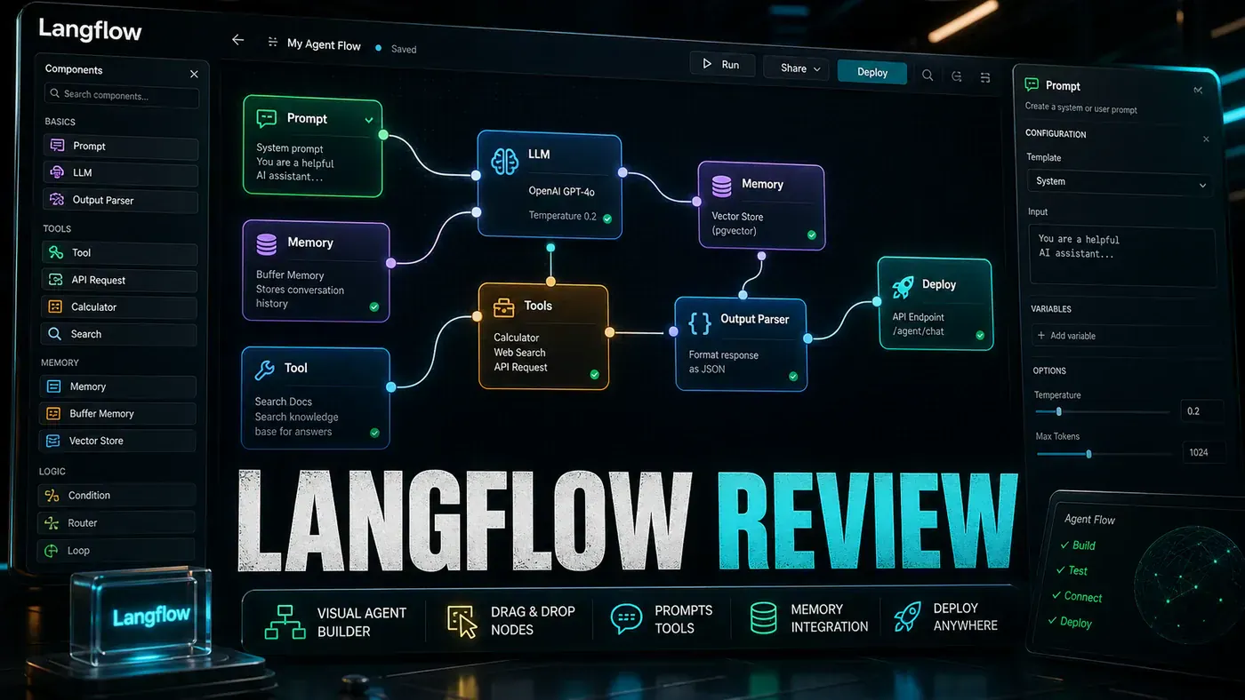 AI Kick Start editorial image for Langflow Review: Visual Agent Builder (146k Stars).