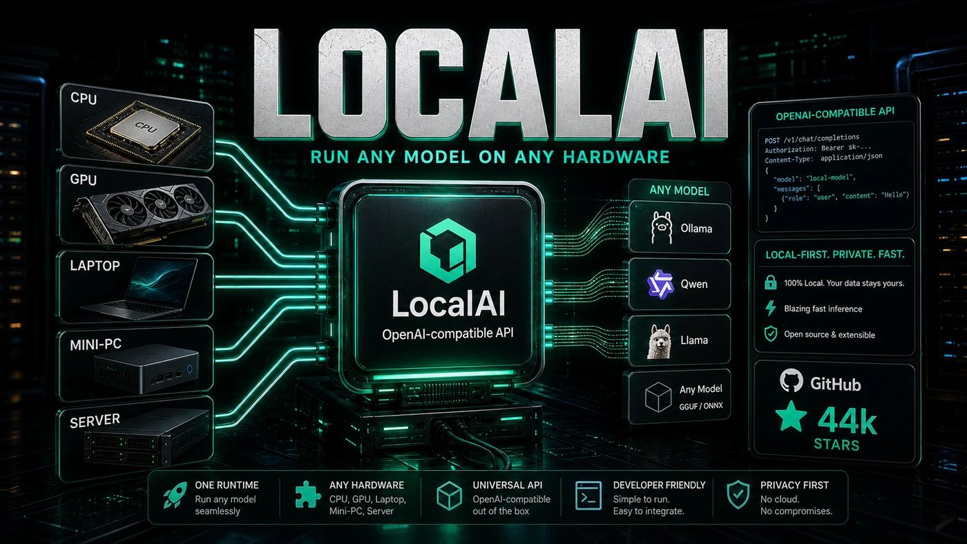 AI Kick Start editorial image for LocalAI: Run any model on any hardware (44k stars).