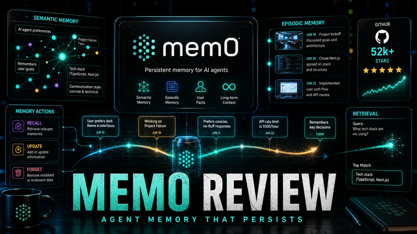 AI Kick Start editorial image for Mem0 Review: Agent Memory That Persists (52k Stars).