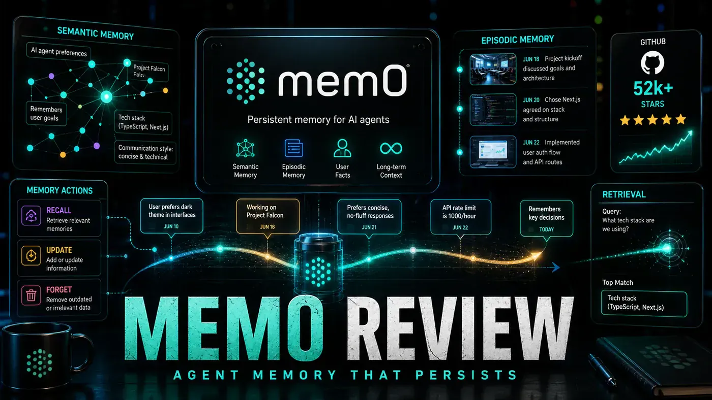 AI Kick Start editorial image for Mem0 Review: Agent Memory That Persists (52k Stars).