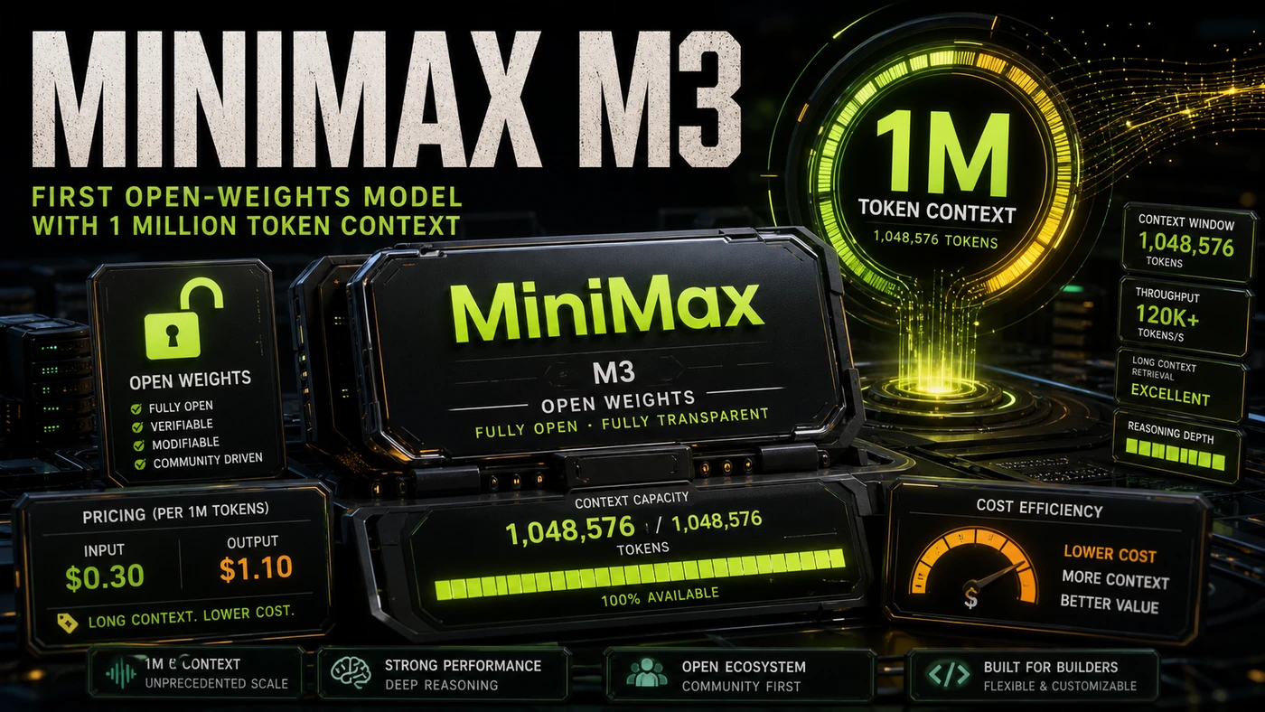 AI Kick Start editorial image for MiniMax M3: The First Open-Weights Model With 1 Million Token Context.
