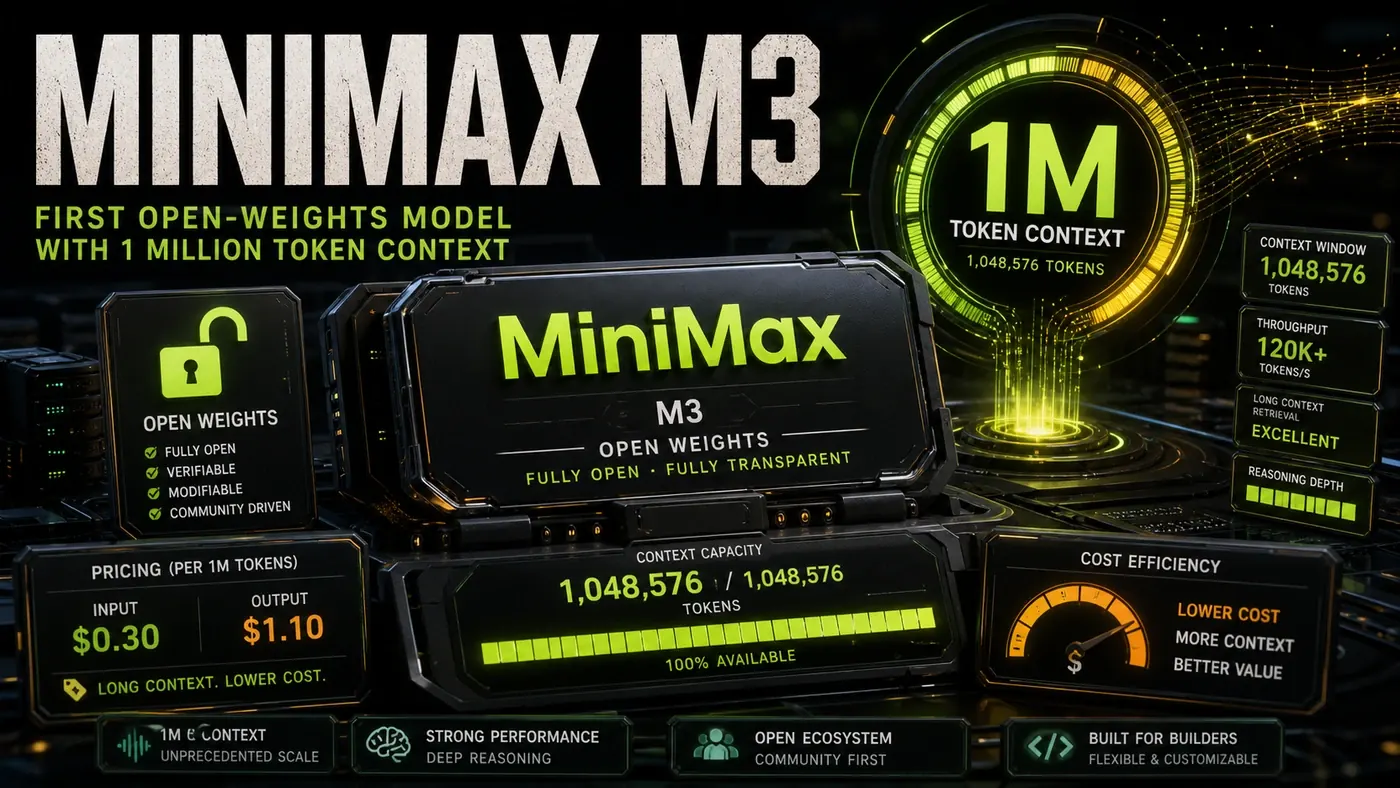 AI Kick Start editorial image for MiniMax M3: The First Open-Weights Model With 1 Million Token Context.