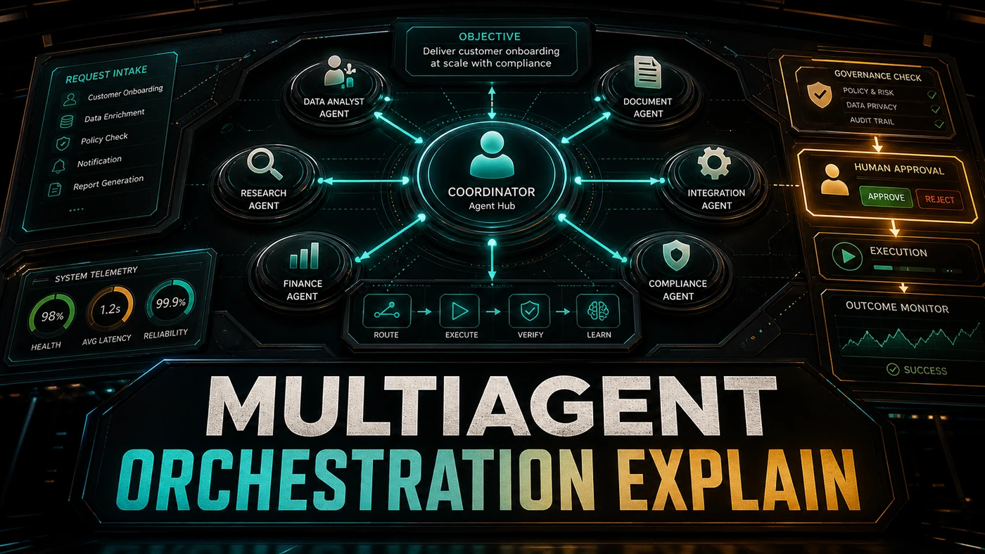 Light AI Kick Start editorial image showing multi-agent orchestration with a coordinator, worker agents, human approval, and audit flow.