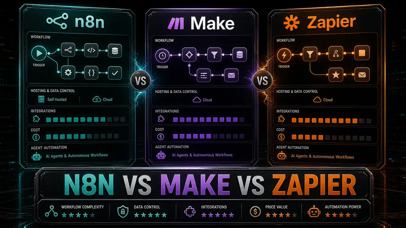 Light AI Kick Start editorial image showing three automation platform lanes compared by workflow, hosting, cost, and data control.