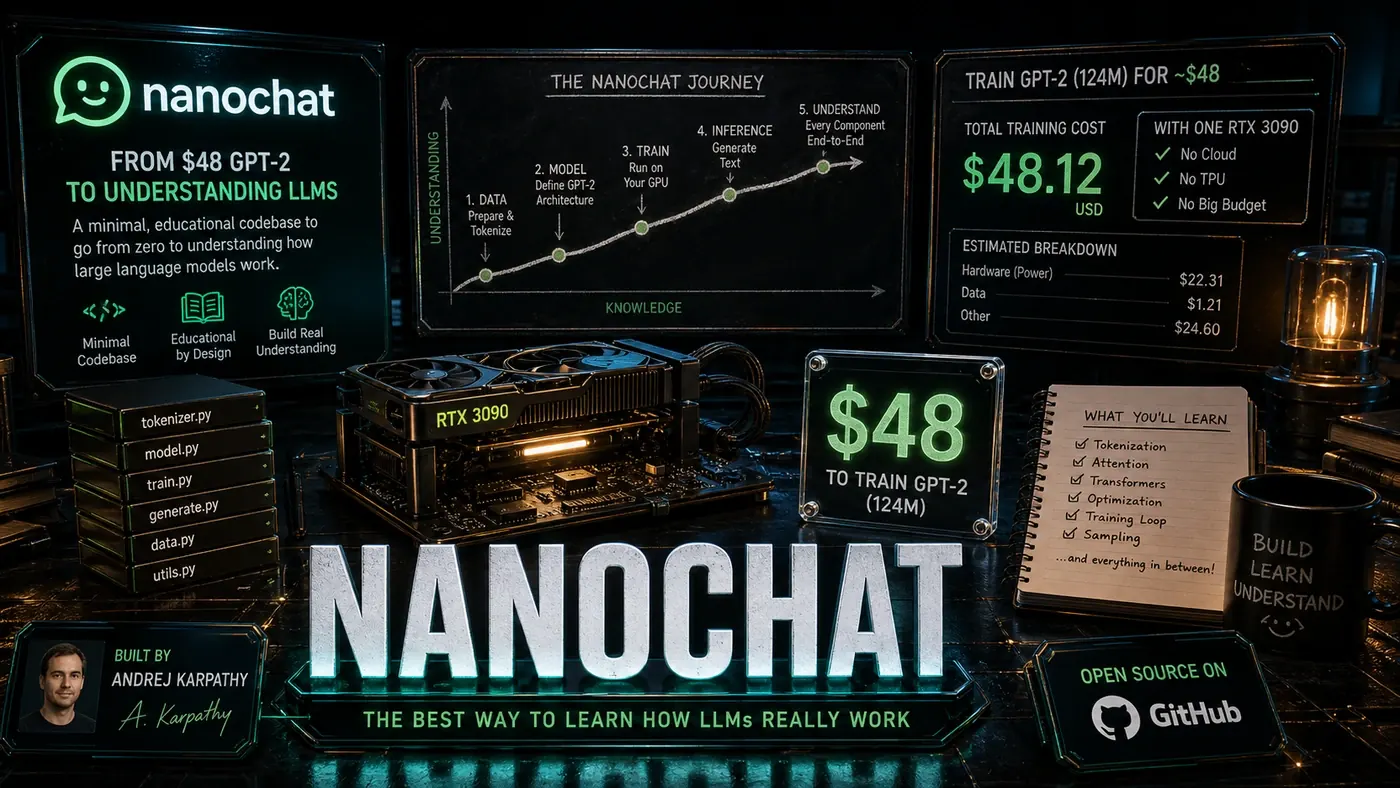 AI Kick Start editorial image for nanochat: From $48 GPT-2 to understanding LLMs.