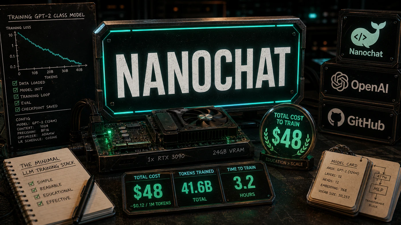 AI Kick Start editorial image for nanochat: Andrej Karpathy's minimal LLM training stack (55k stars).