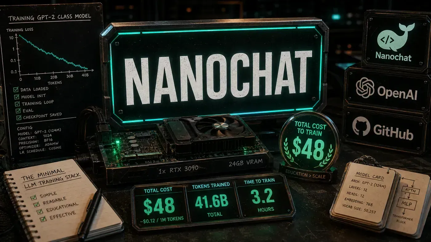 AI Kick Start editorial image for nanochat: Andrej Karpathy's minimal LLM training stack (55k stars).