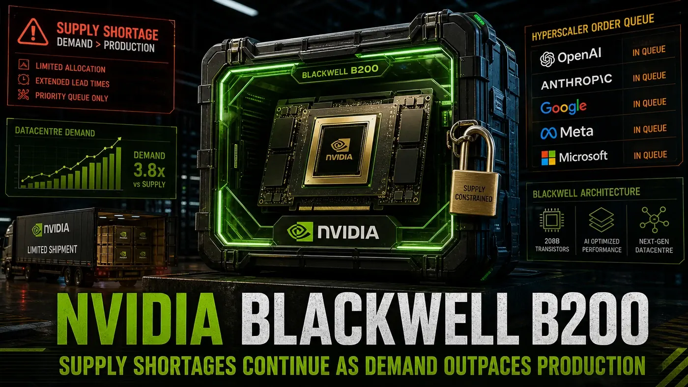 AI Kick Start editorial image for NVIDIA Blackwell B200: Supply Shortages Continue as Demand Outpaces Production.