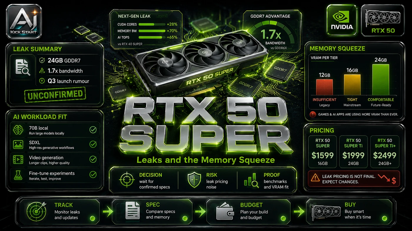 AI Kick Start editorial image for Nvidia RTX 50 Super Leaks and the Memory Squeeze: A Hardware Readout for Local AI Teams.