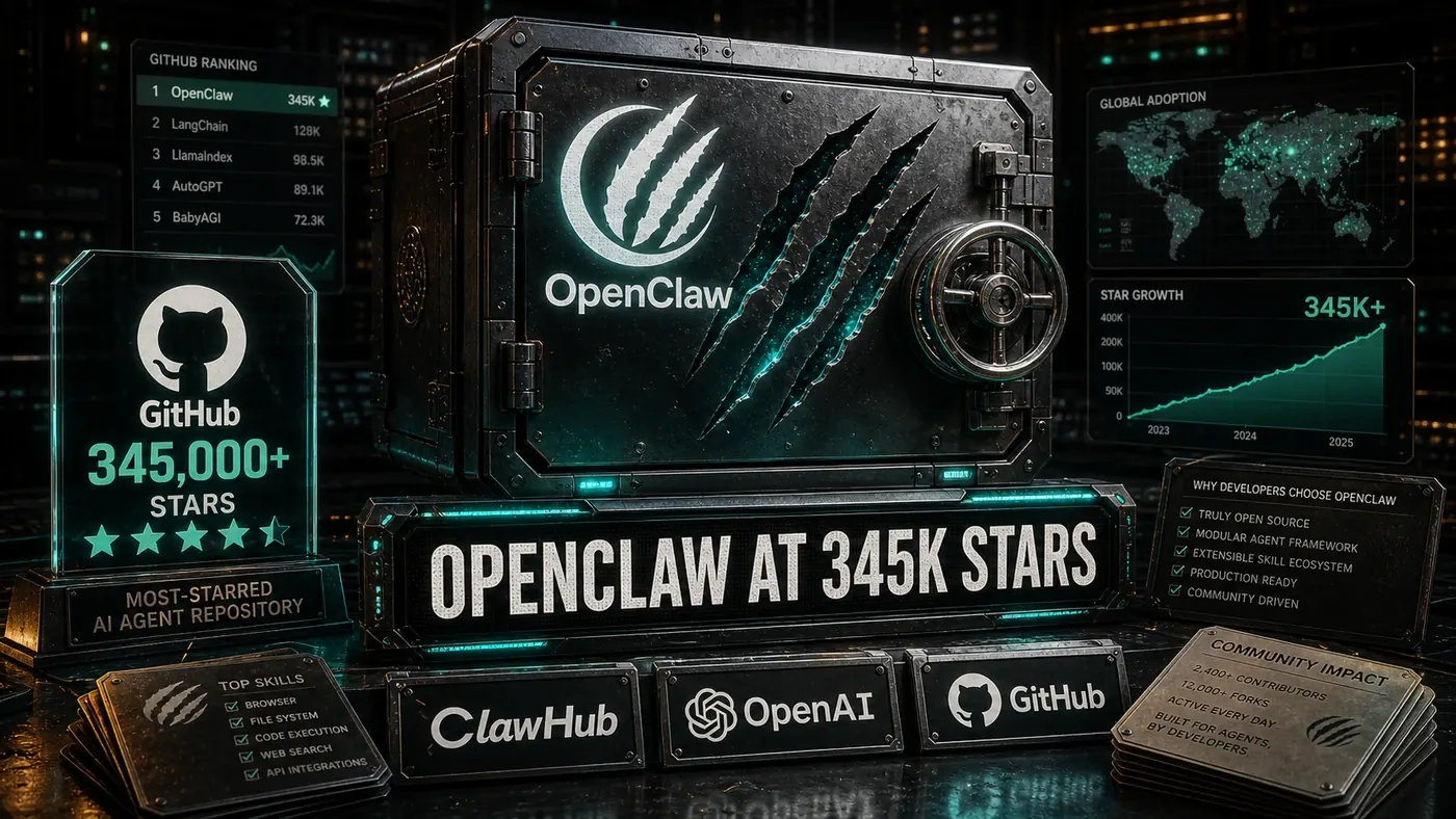 AI Kick Start editorial image for OpenClaw at 345k stars: The story of the biggest AI agent repo.