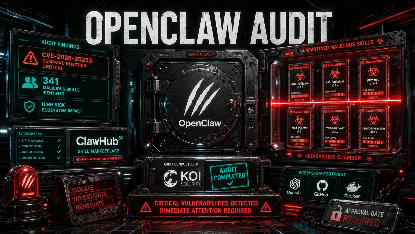 AI Kick Start editorial image for OpenClaw Security Audit: CVE-2026-25253 and 341 Malicious Skills.