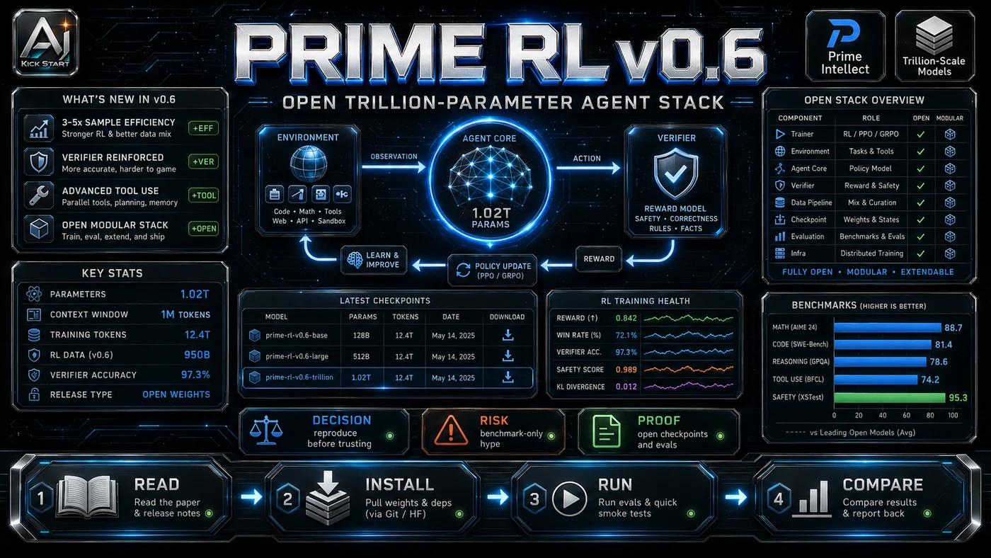 AI Kick Start editorial image for PrimeRL v0.6 and the Open Trillion-Parameter Agent Stack: What to Test, What to Ignore.