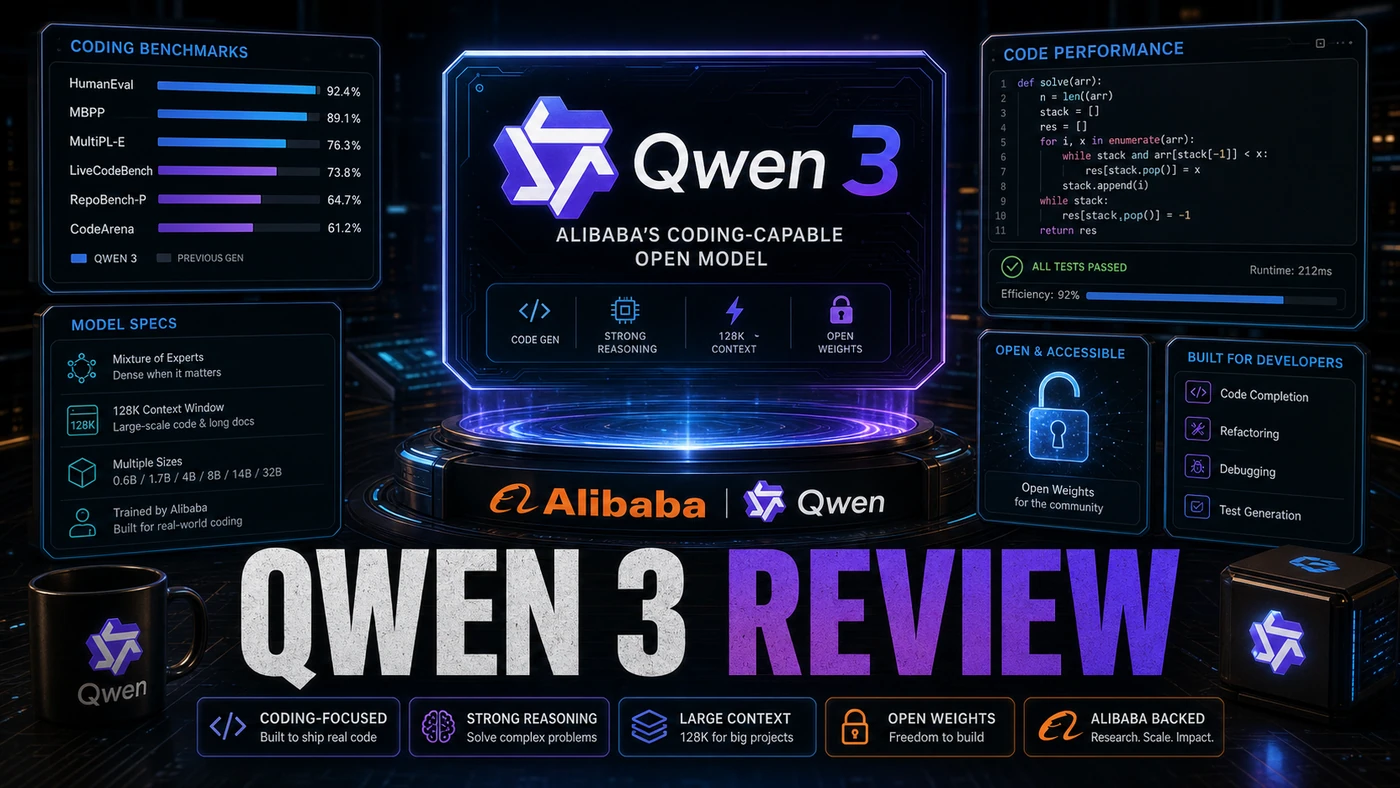 AI Kick Start editorial image for Qwen 3 review: Alibaba's coding-capable open model.