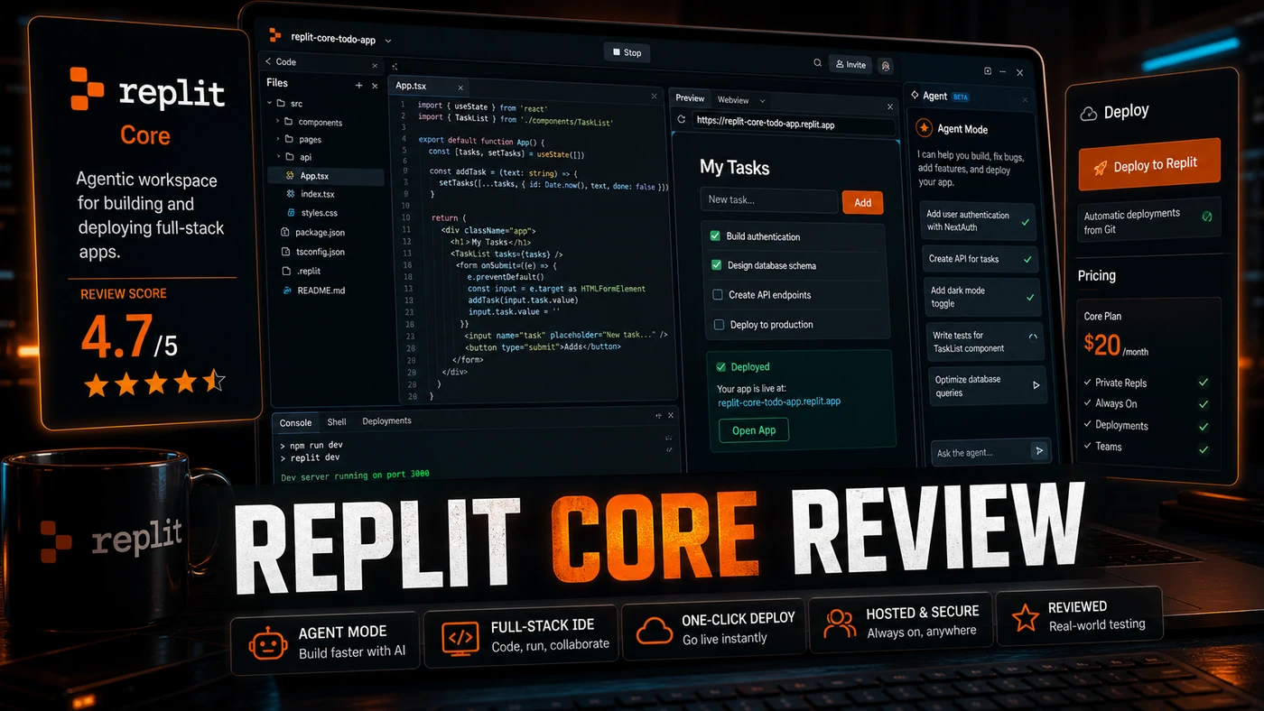 AI Kick Start editorial image for Replit Core Review: Agent Mode and Full-Stack Deployment.