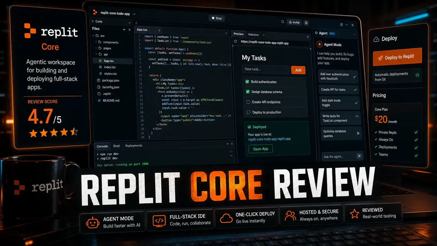 AI Kick Start editorial image for Replit Core Review: Agent Mode and Full-Stack Deployment.