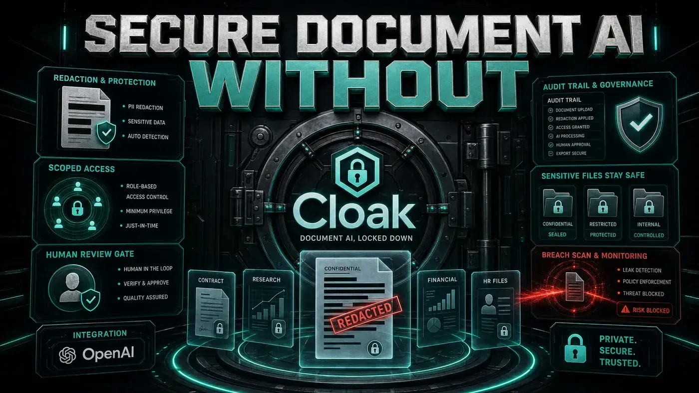 Light AI Kick Start editorial image showing secure document AI with redaction lanes, file boundaries, audit checks, and a shield.