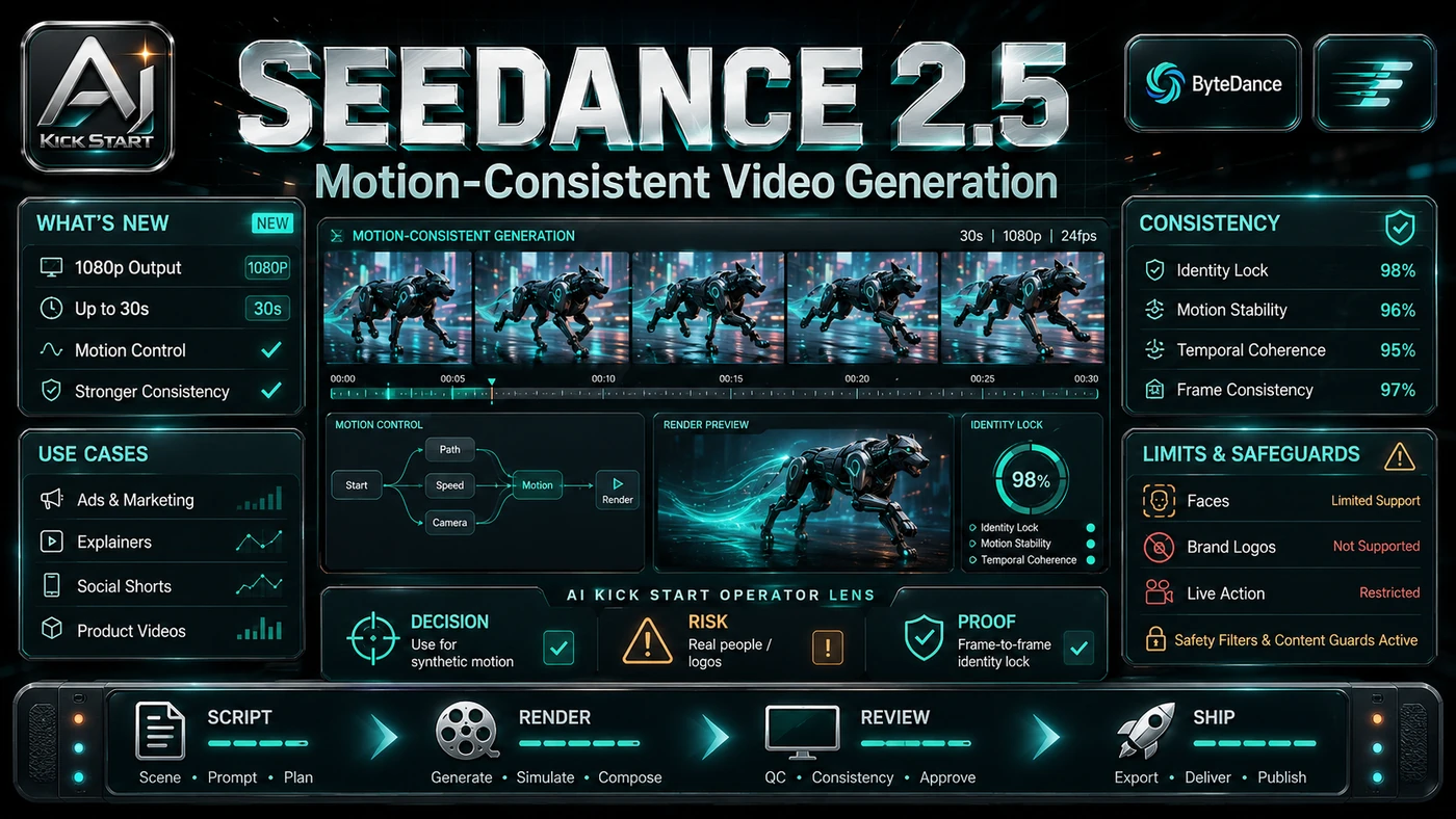 AI Kick Start editorial image for Seedance 2.5: What ByteDance's 30-Second AI Video Model Means for Production Teams.
