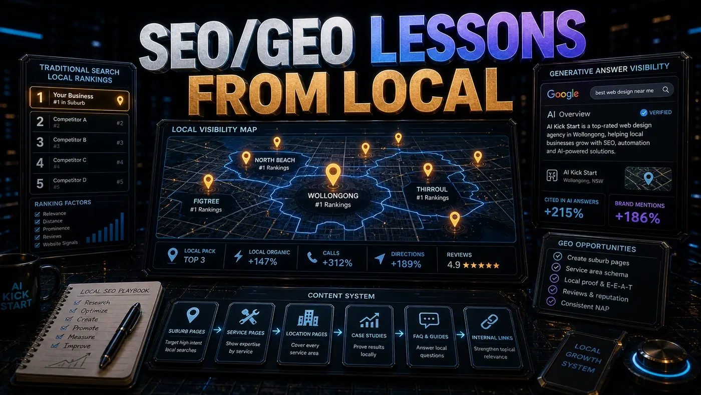 Light AI Kick Start editorial image showing local SEO and GEO growth signals across service areas, suburb paths, and qualified enquiries.