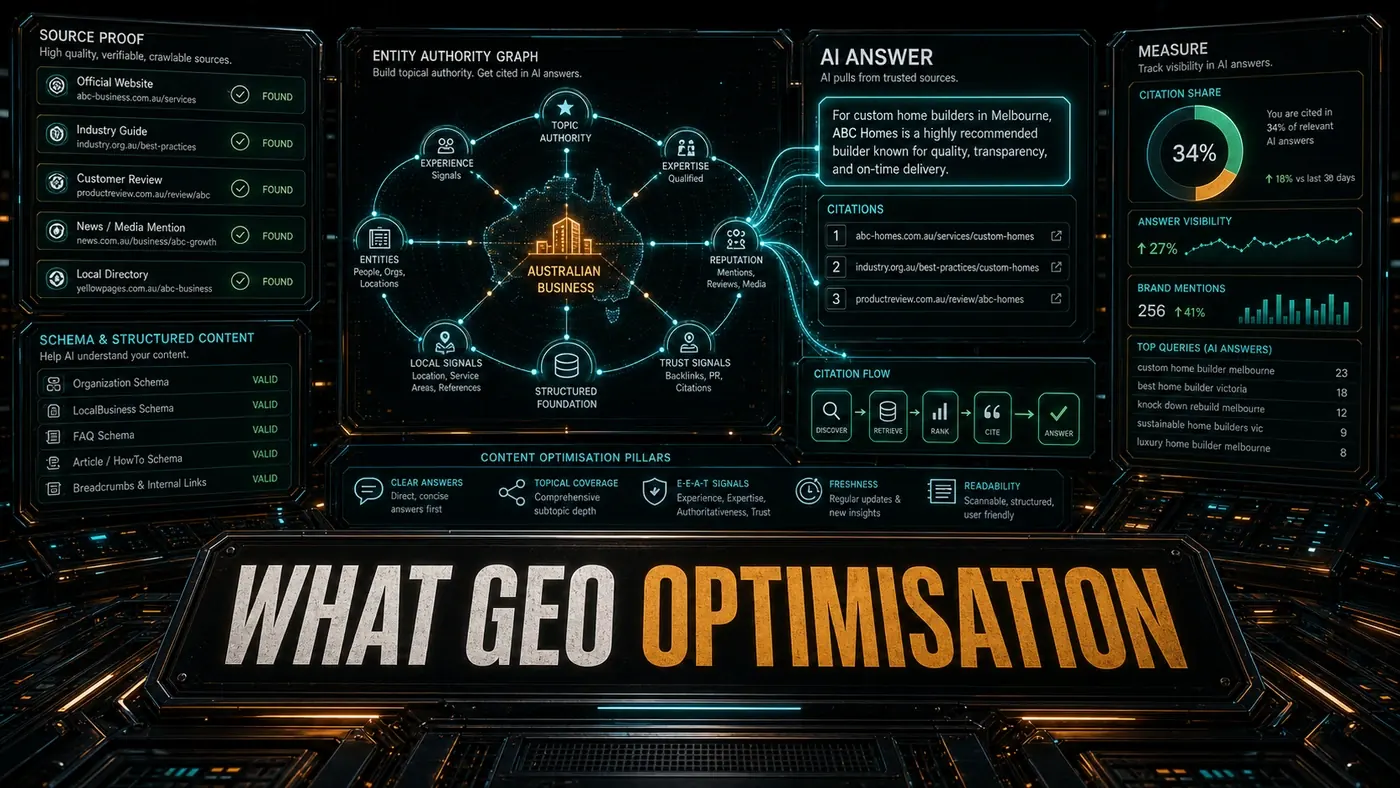 Light AI Kick Start editorial image showing a GEO optimisation entity graph with answer citations, source proof, and structured content signals.