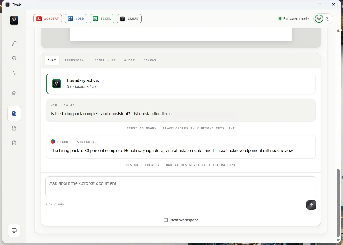 Cloak native desktop workspace showing chat, trust boundary status, ledger count, and local restoration message with demo personal name redacted