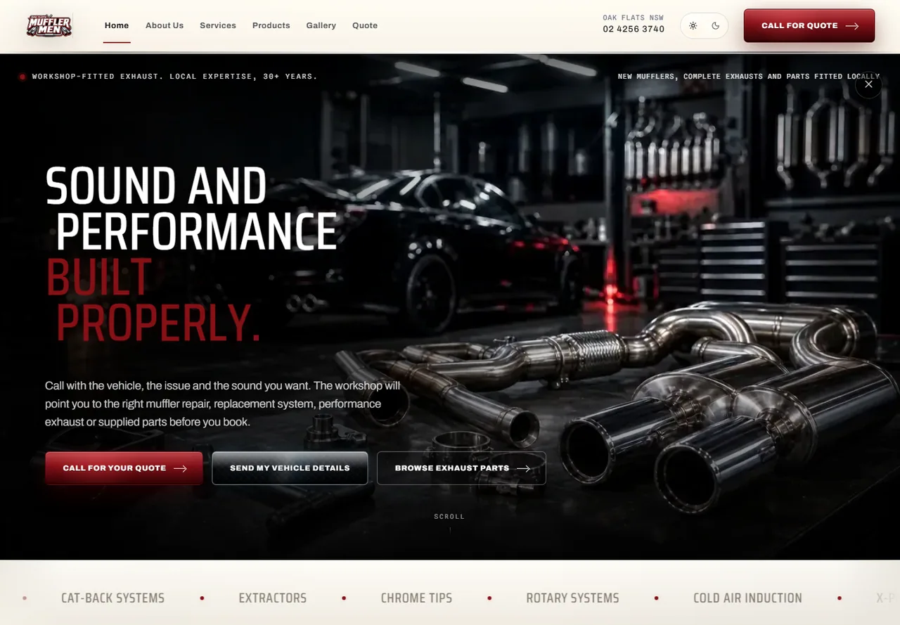 Mufflermen homepage showing a performance exhaust workshop hero, quote calls to action, and service navigation
