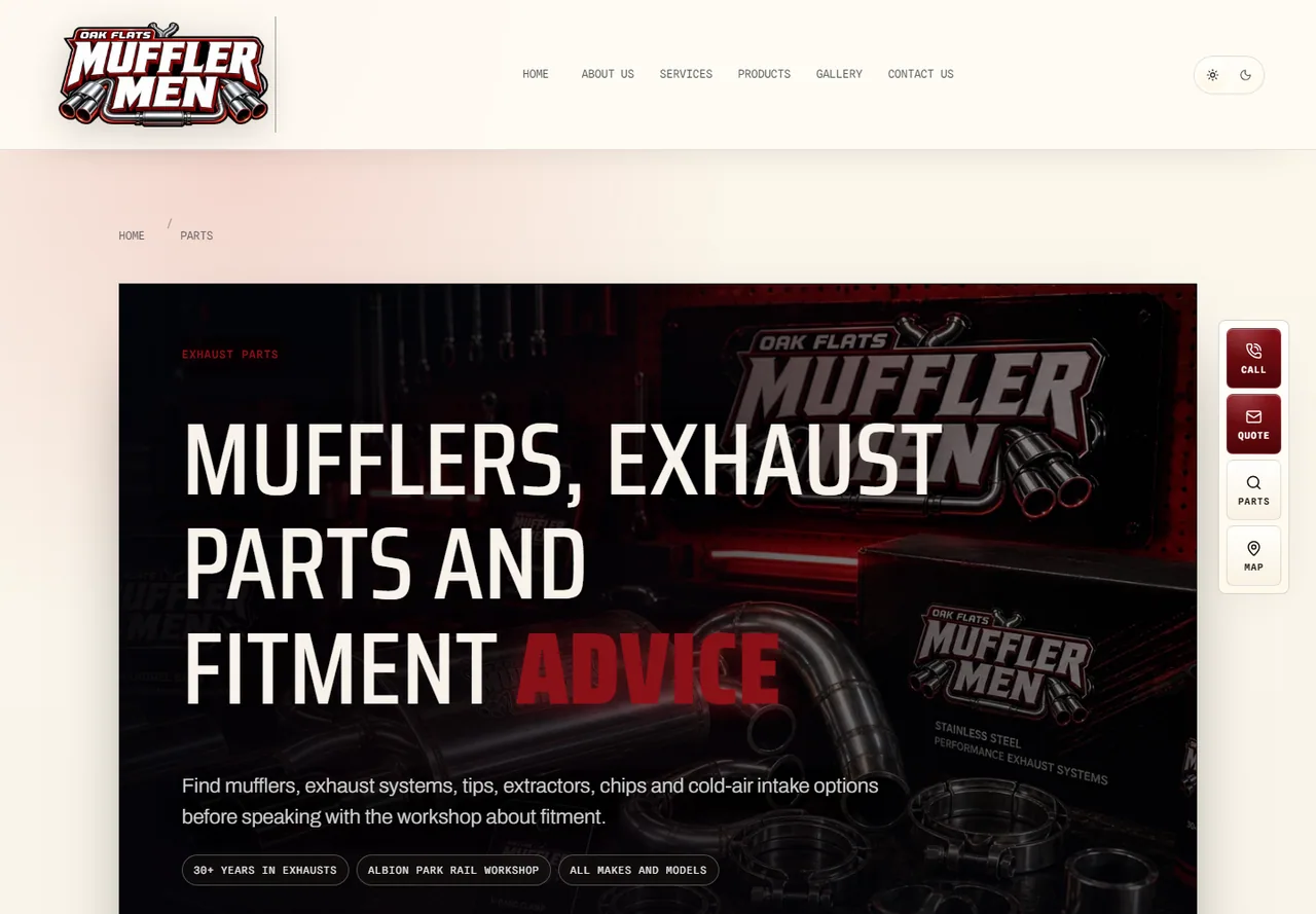 Mufflermen parts catalogue showing exhaust parts search and product category crawl index