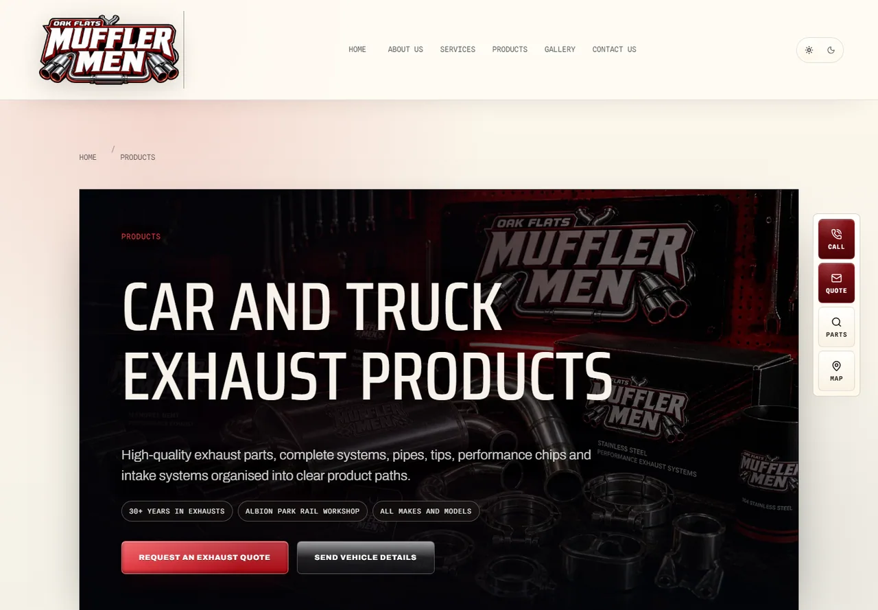 Mufflermen products page showing exhaust systems, mufflers, pipes, tips, extractors, chips, and intake categories