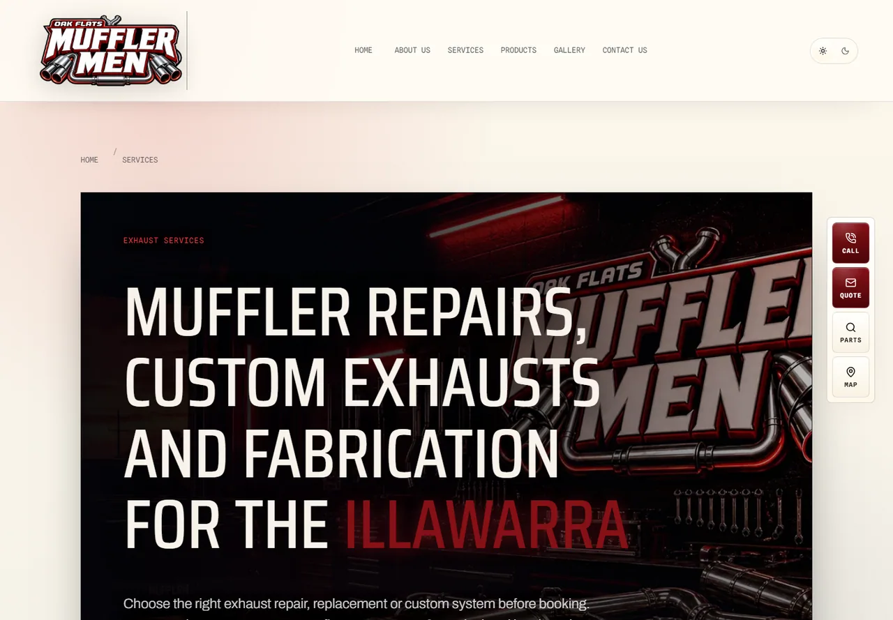 Mufflermen services page listing custom exhausts, muffler repairs, performance exhausts, extractors, fabrication, pipes, intakes, and ute exhaust services