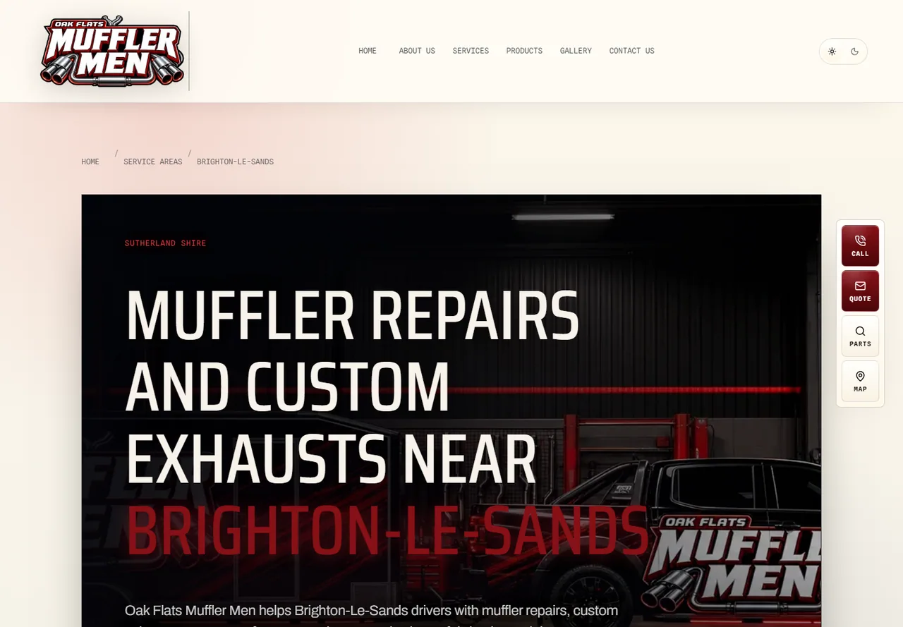 Mufflermen suburb page for Brighton-Le-Sands showing local muffler repairs and custom exhaust services