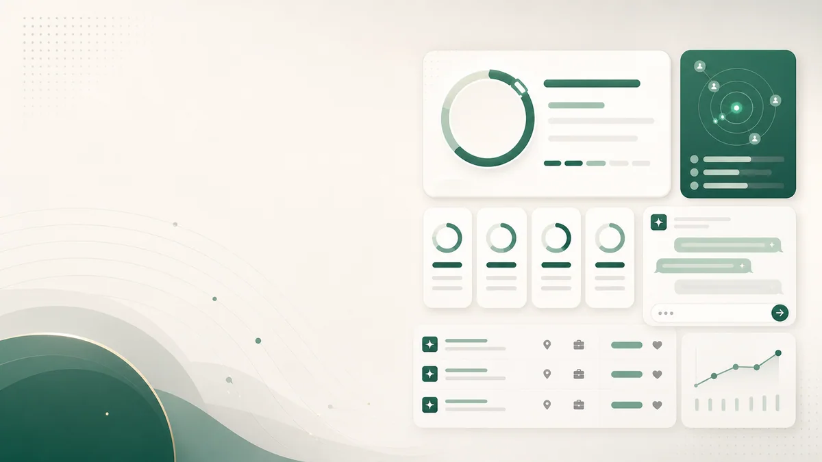 Clean application dashboard interface with cards, metrics, user flows, and product navigation panels