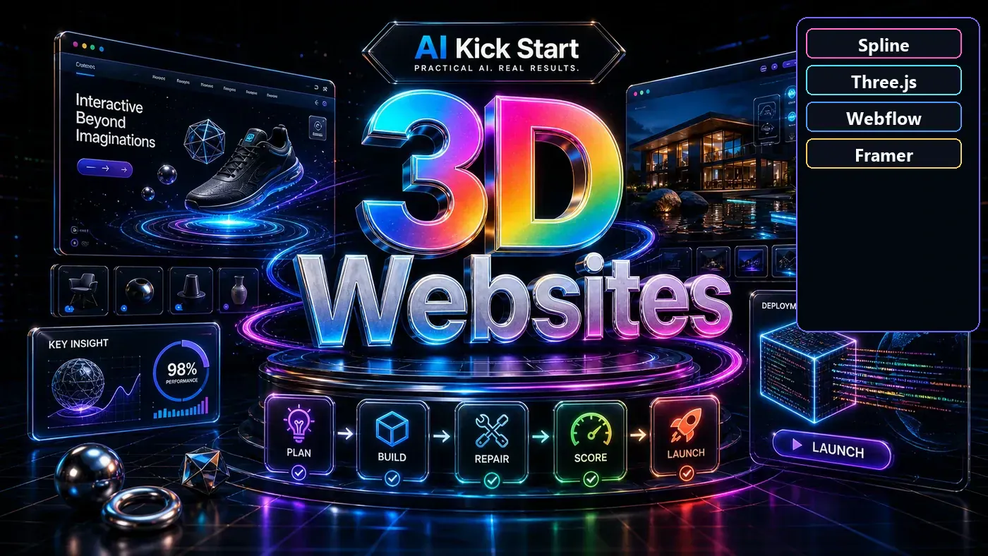 Premium service card showing animated 3D websites, Webflow and Three.js build controls, launch steps, and immersive app visuals