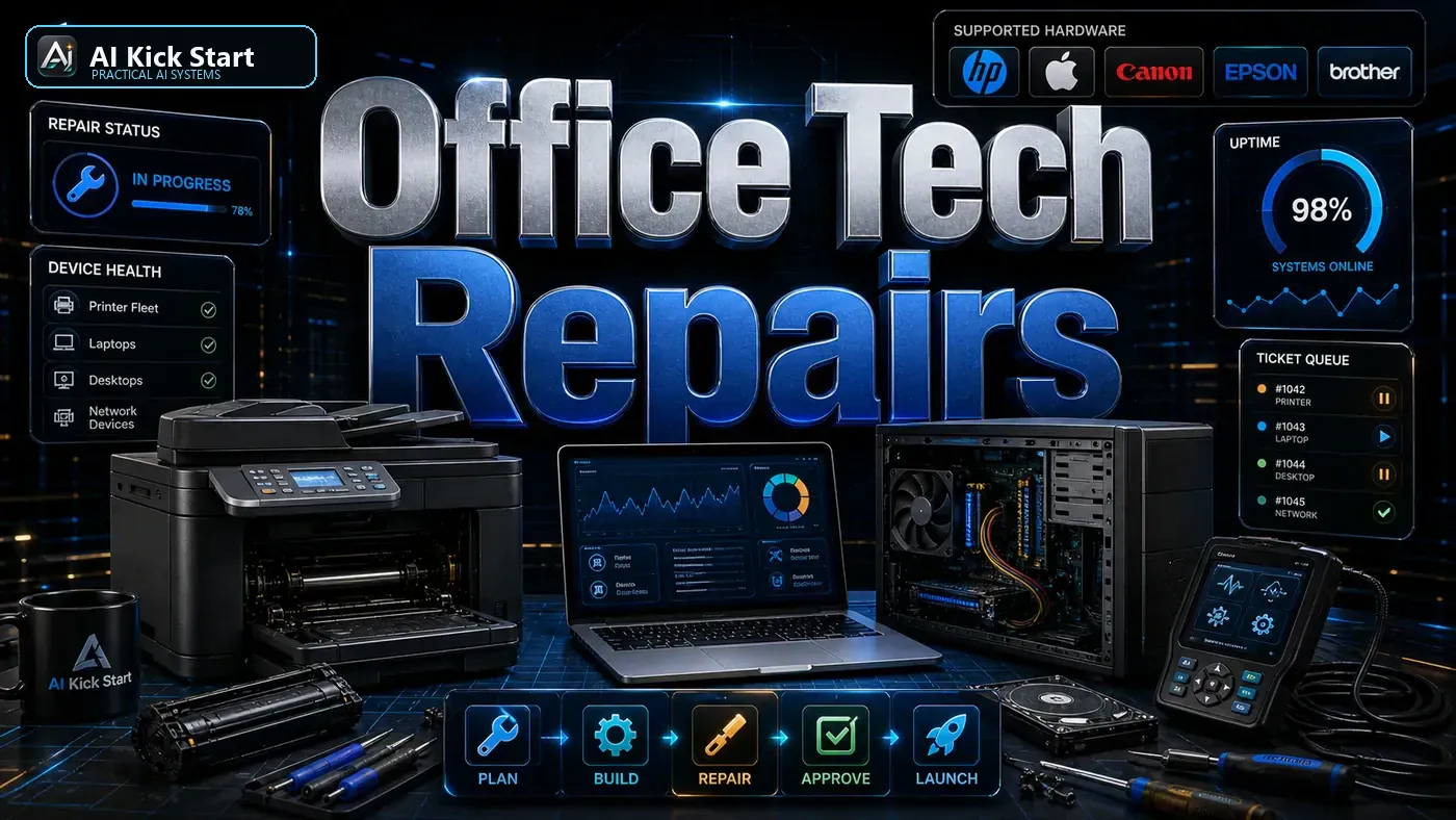 Premium service card showing office technology repairs, diagnostics, hardware checks, and support controls