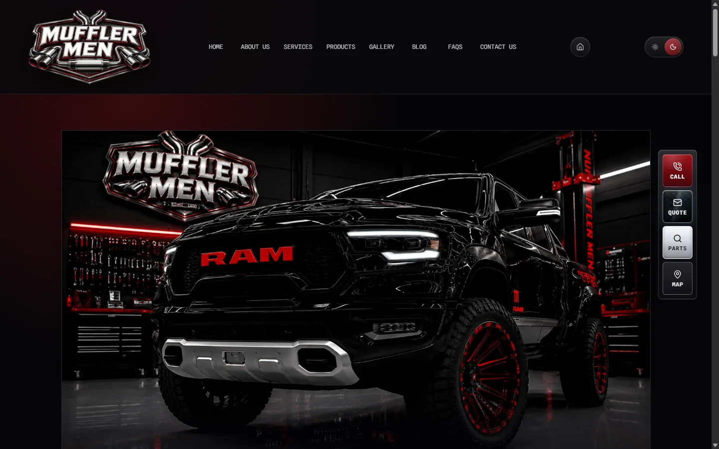 Mufflermen gallery page featuring a custom RAM build under red workshop lighting.