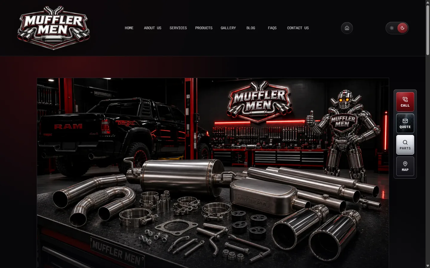 Mufflermen products page showing a branded display of stainless exhaust parts.