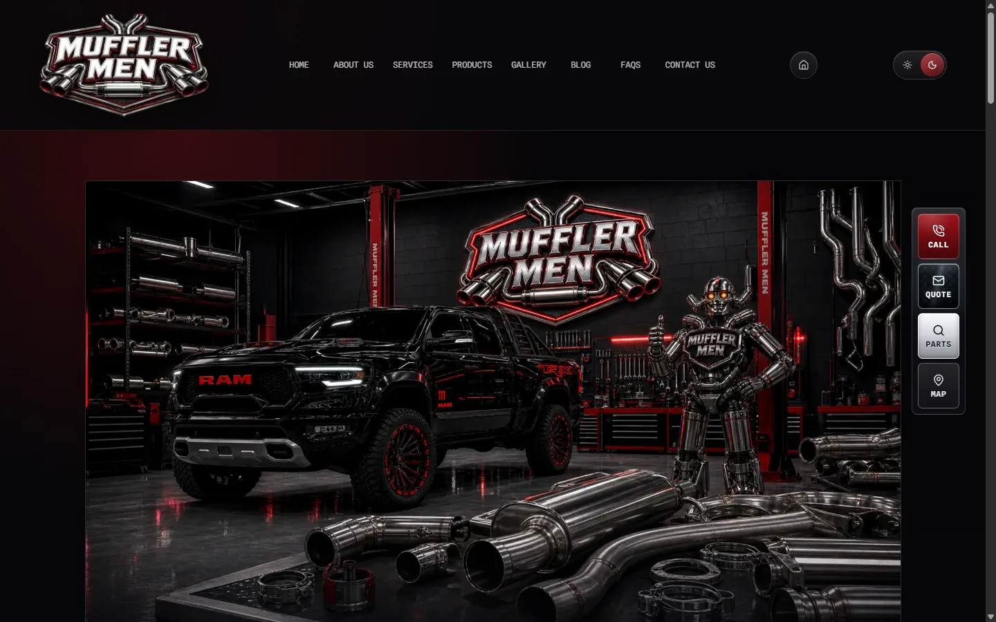 Mufflermen services page with the Muffler Men brand mark and performance vehicles.