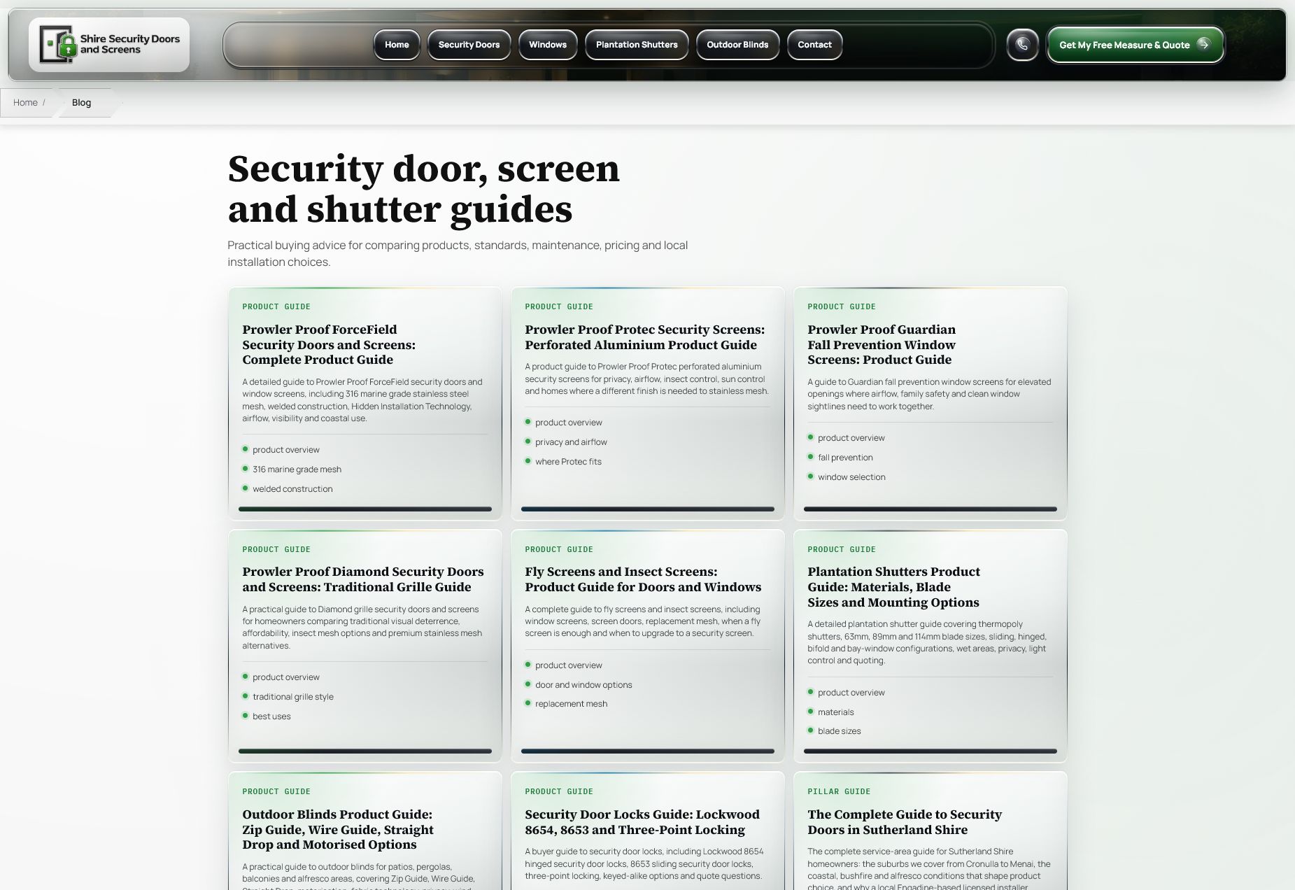 Shire Security Doors and Screens blog index showing product, pricing, standards and local installation guides.